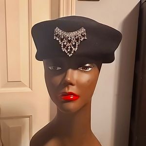 Black Wool Designer Pillbox Hat, Roaring 20's Style, Front Rhinestone Design